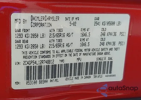 2002 Chrysler Town & Country Lxi from USA, damaged, VIN 2C4GP54L12R748812